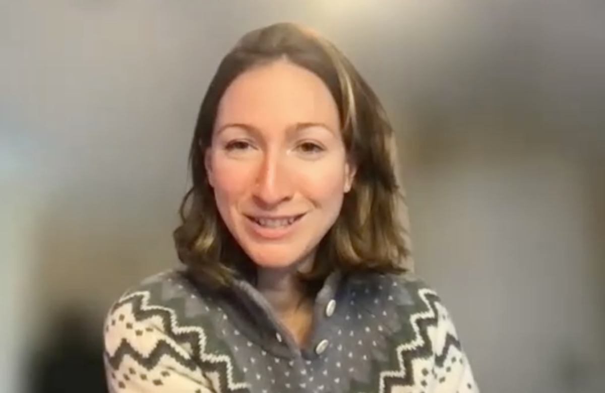 Rachel Pope, MD, MPH, answers a question during a Zoom interview